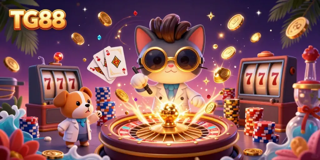 Experience thrilling gambling at TG88 with a vibrant scene featuring a scientist cat and golden elements.