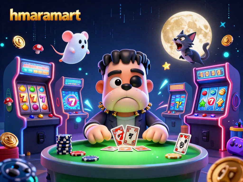 Play at hmaramart with captivating cartoons and energizing casino elements in a vibrant scene.