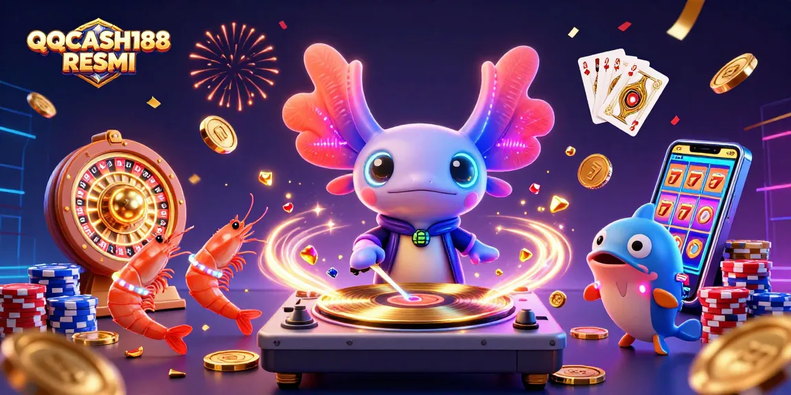 Join the celebration at QQCASH188 RESMI with a vibrant illustration featuring a neon axolotl DJ, gems, and casino elements!