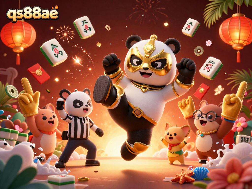 Engage in dynamic gaming at qs88ae with a vibrant scene featuring a wrestling panda, cheering fans, and festive decorations.
