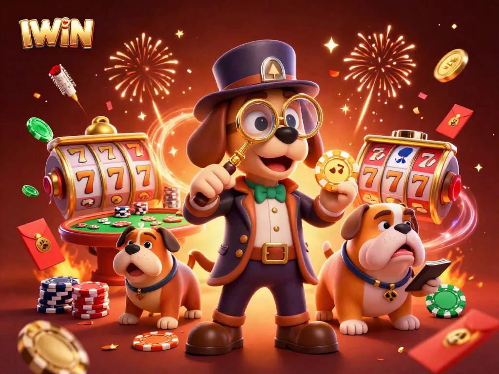 IWIN transforms gameplay with 3D detective characters exploring a vibrant casino scene.