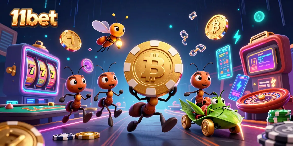 11bet's cartoon ants heist with a golden poker chip and crypto elements in a vibrant casino scene.