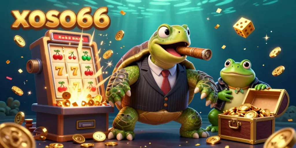 Win big at xoso66 with an exciting 3D casino scene featuring a snapping turtle, bullfrog enforcers, and a jackpot explosion.