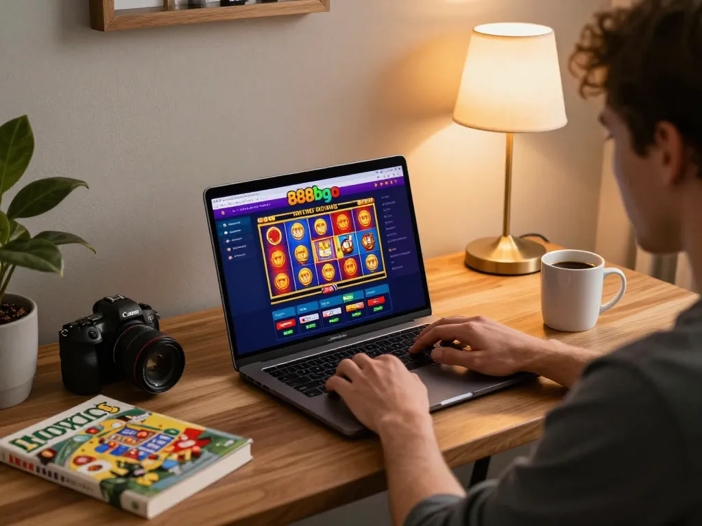 Person engaging with 888bgo online casino on laptop, cozy home setting emphasizing strategic gameplay.