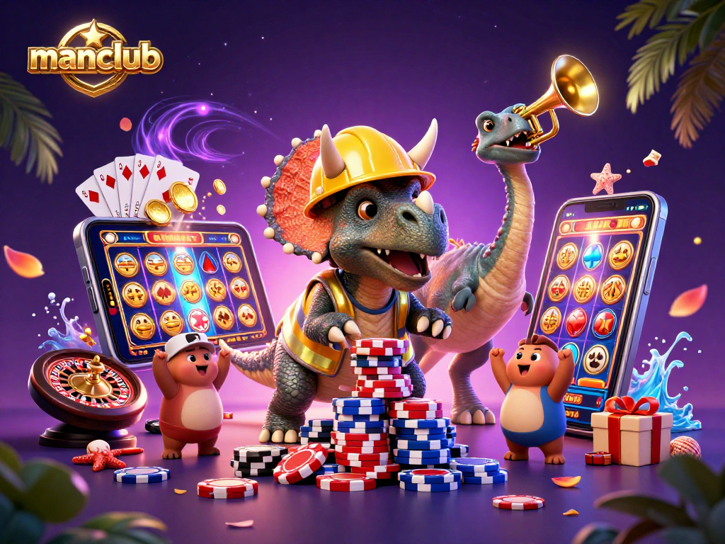 manclub features a vibrant scene of triceratops and parasaurolophus celebrating poker victories amid casino games.