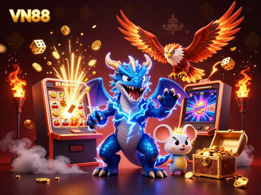 Experience thrilling casino gaming adventures with VN88's vibrant 3D illustration, showcasing engaging characters and game elements.