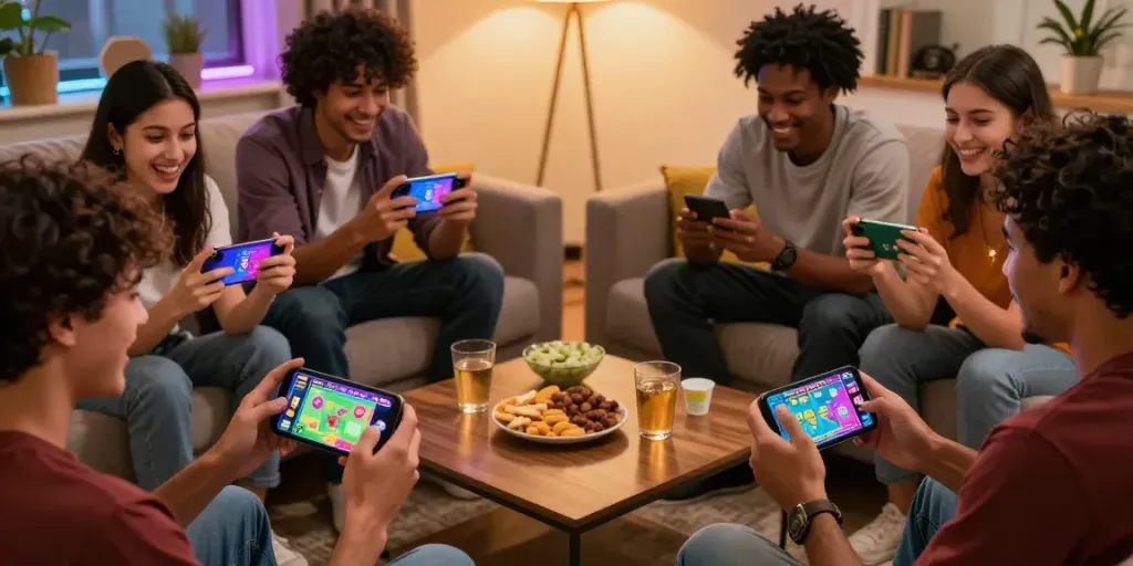 Players enjoying 3 Patti No1 in a cozy living room, showcasing vibrant game graphics and social interaction.