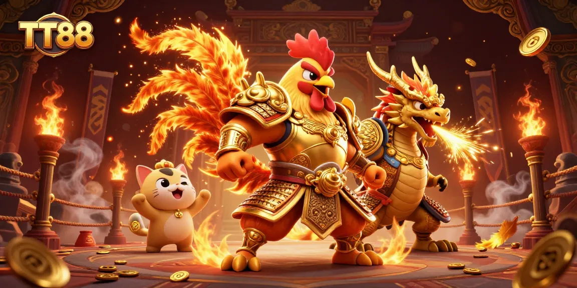 Experience the excitement of TT88's dynamic gaming with a fierce rooster warrior and dragon.