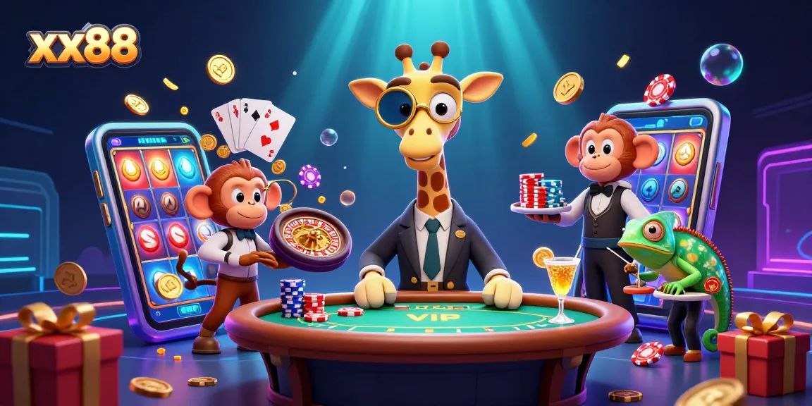 Win big with xx88 at the virtual casino, featuring animated characters and game elements.