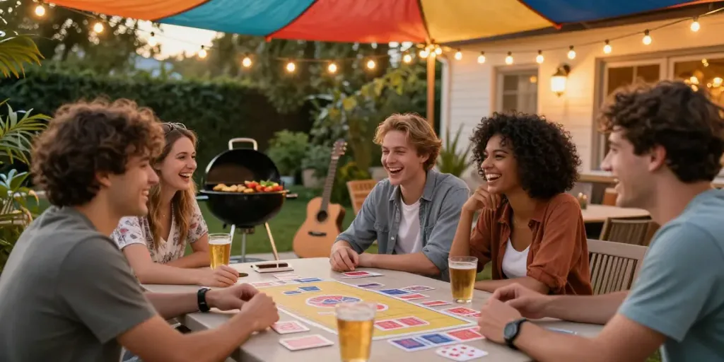 Exciting outdoor gathering playing 3 Patti no1 with friends, showcasing cards and festive atmosphere.