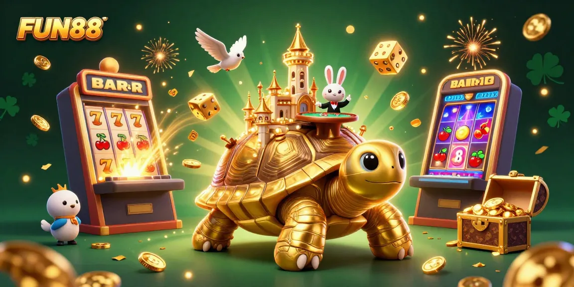 Spin to win at FUN88 with a golden tortoise casino scene, bursting jackpots, and exciting games.
