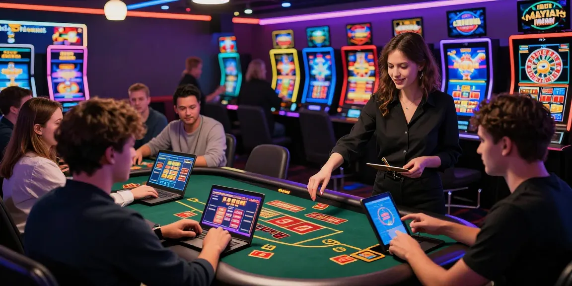 Spieler genießen verschiedene Spiele in einem Paysafe Card Casino mit lebendiger Beleuchtung und digitalen Schnittstellen.