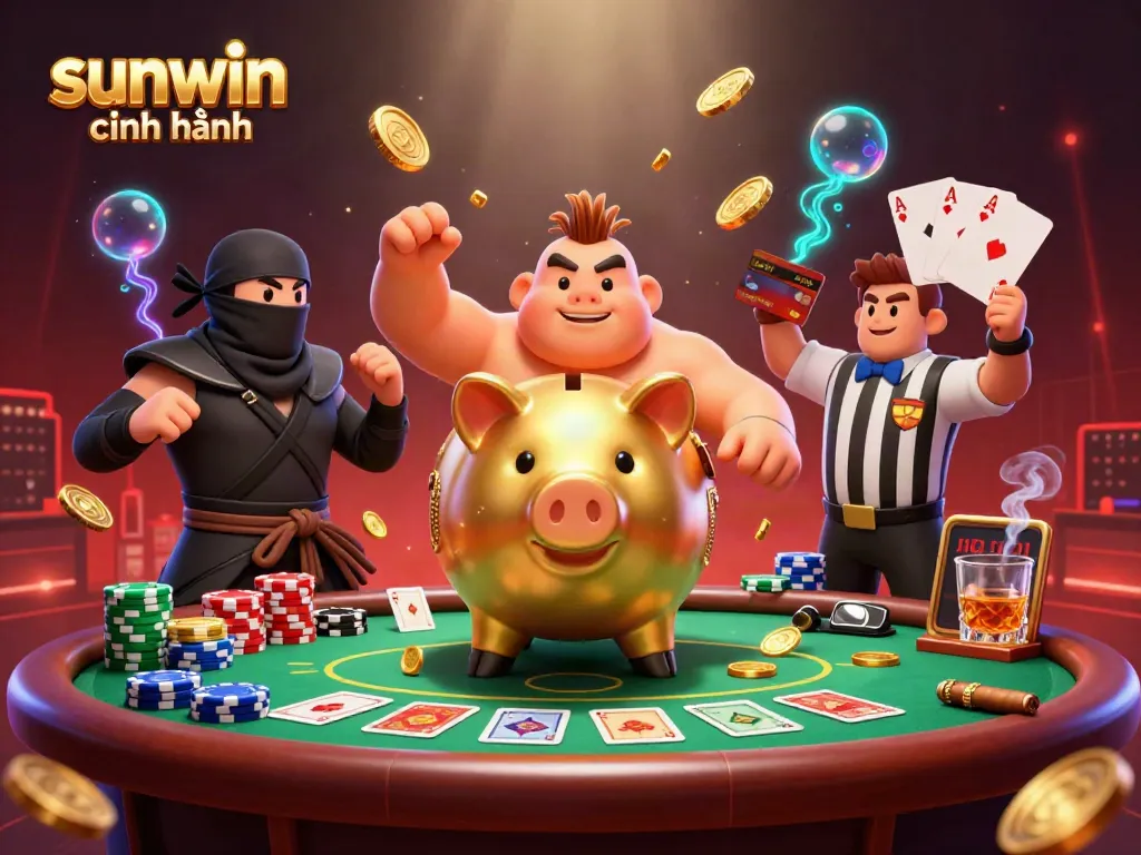 Engaging scene of sunwin chính hãng with a golden piggy bank sumo wrestler shaking coins amidst a vibrant poker setup.