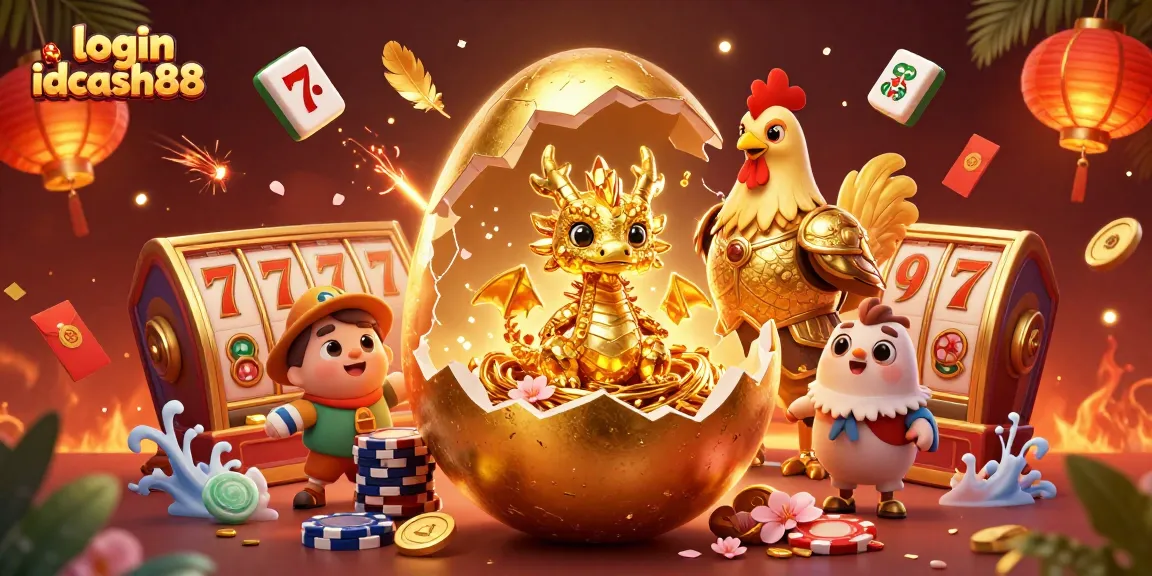 Spin the reels at login idcash88 featuring a golden dragon amidst poker chips and slot symbols.