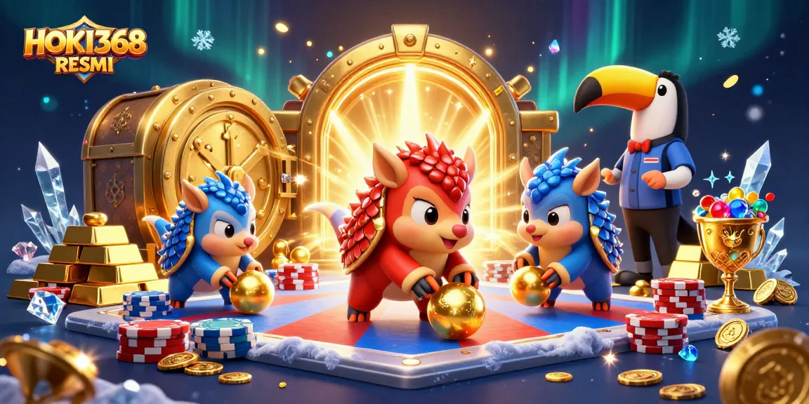 Experience limitless excitement with HOKI368 RESMI's thrilling casino scene featuring rival pangolins and poker chips.
