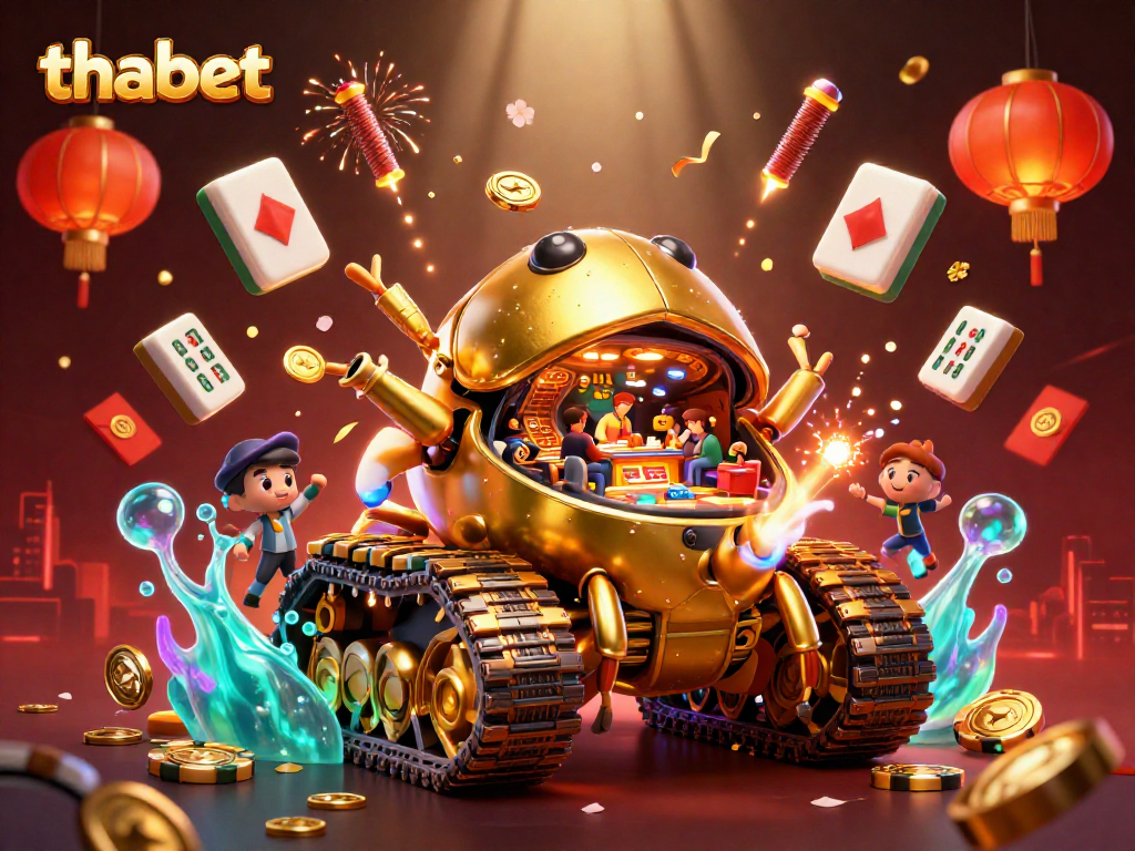 Experience the thrill of thabet with a massive golden beetle tank representing an animated casino adventure.
