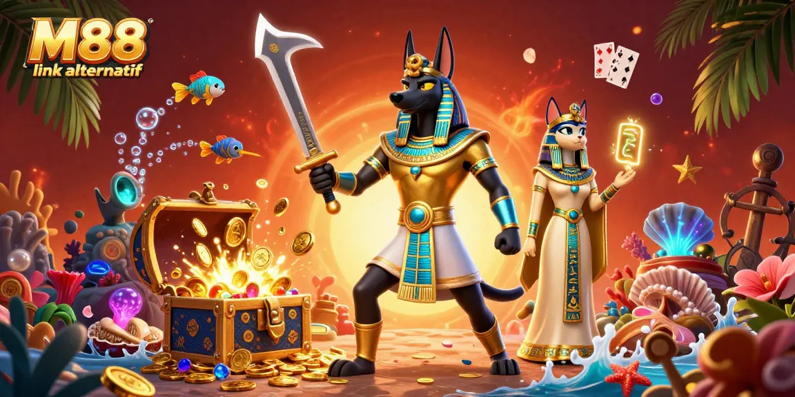 Experience thrilling wins with M88 link alternatif in a vibrant casino-inspired 3D scene.