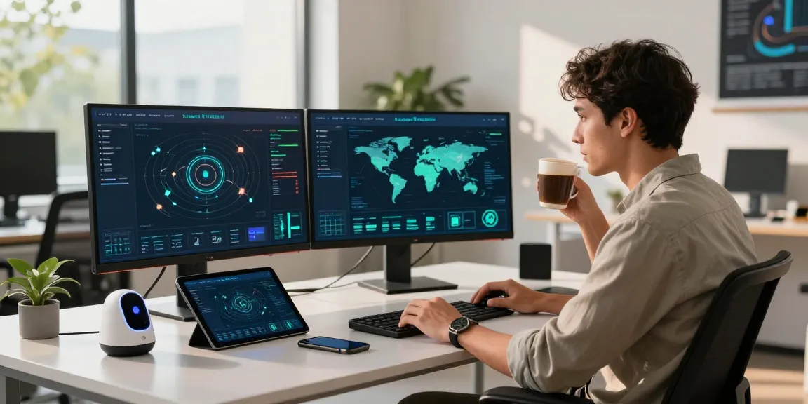 快连 user experiencing seamless global network connectivity in a modern tech workspace with multiple screens and gadgets.