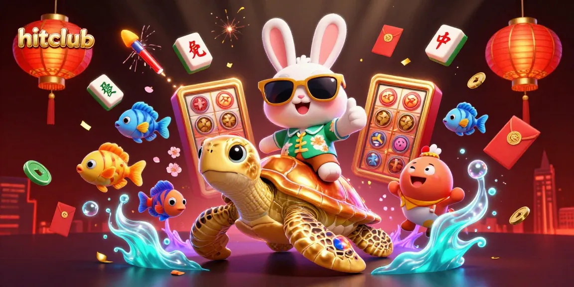 Hitclub casino illustration featuring lucky rabbit and golden sea turtle celebrating with vibrant elements.