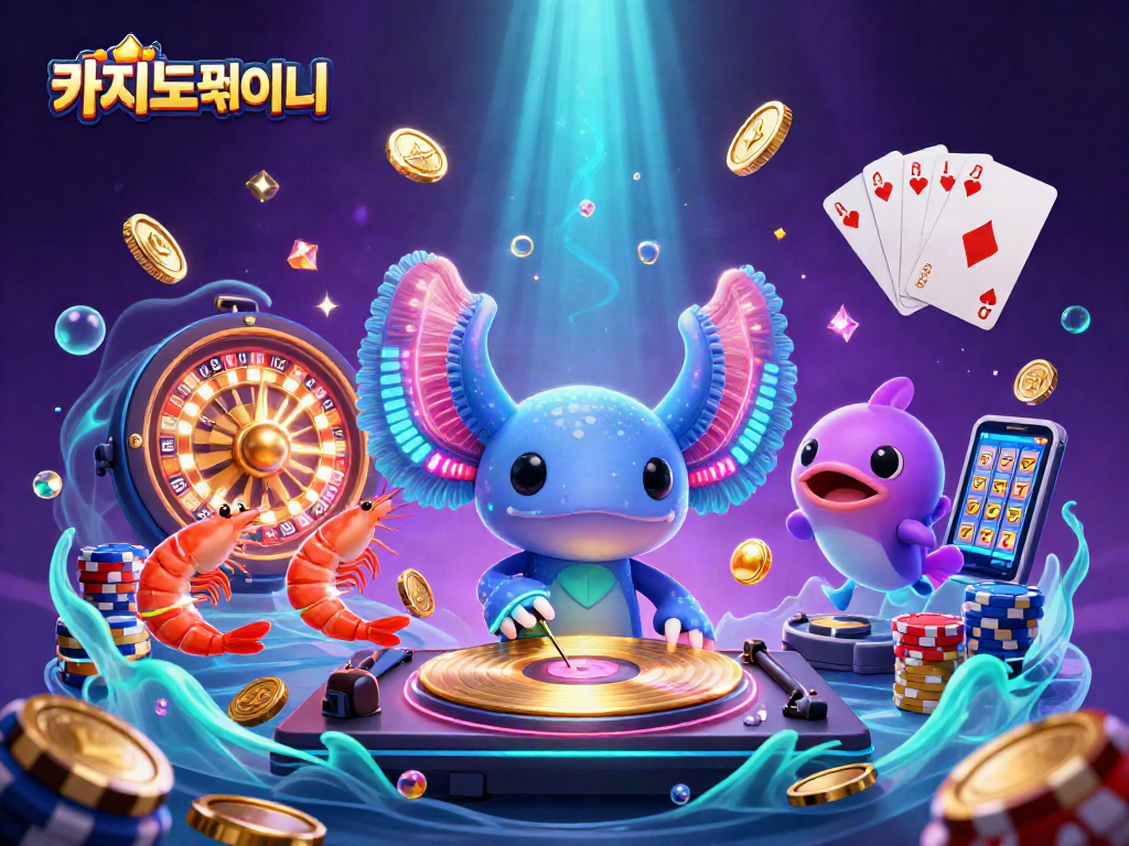 카지노사이트에서 다양한 게임을 즐기는 3D 캐릭터들과 화려한 카지노 요소들