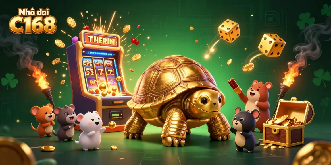 Engage with Nhà cái C168's vibrant casino scene featuring a golden tortoise pinball and exciting game elements.