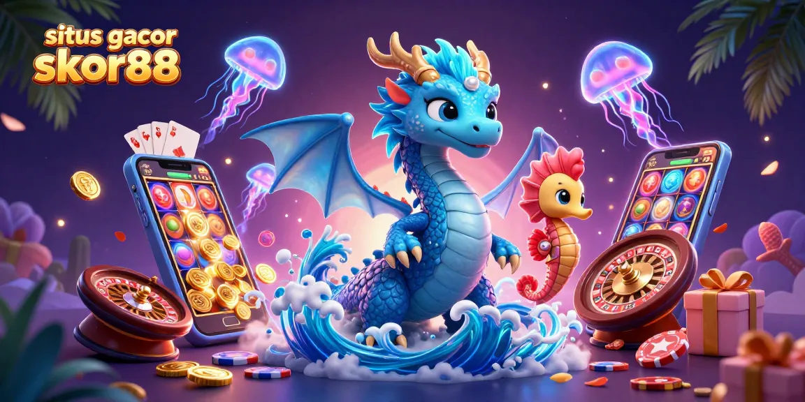 Experience situs gacor skor88 with vibrant online gambling action featuring a whimsical dragon and seahorse knight.