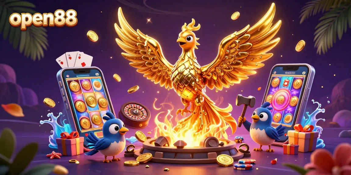 Engage with open88's thrilling gold-themed casino experience featuring animated characters and vibrant gaming elements.