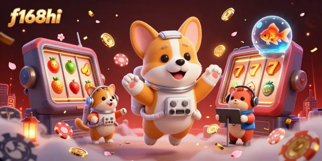 Experience thrilling gameplay at f168hi with a floating casino scene featuring vibrant characters and slot elements.