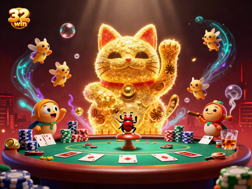 Engage with 32win through an ultra-detailed scene of a lucky cat and vibrant casino symbols.