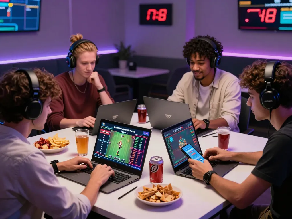 Friends enjoying an interactive betting session on MM88 platform in a vibrant gaming setup.
