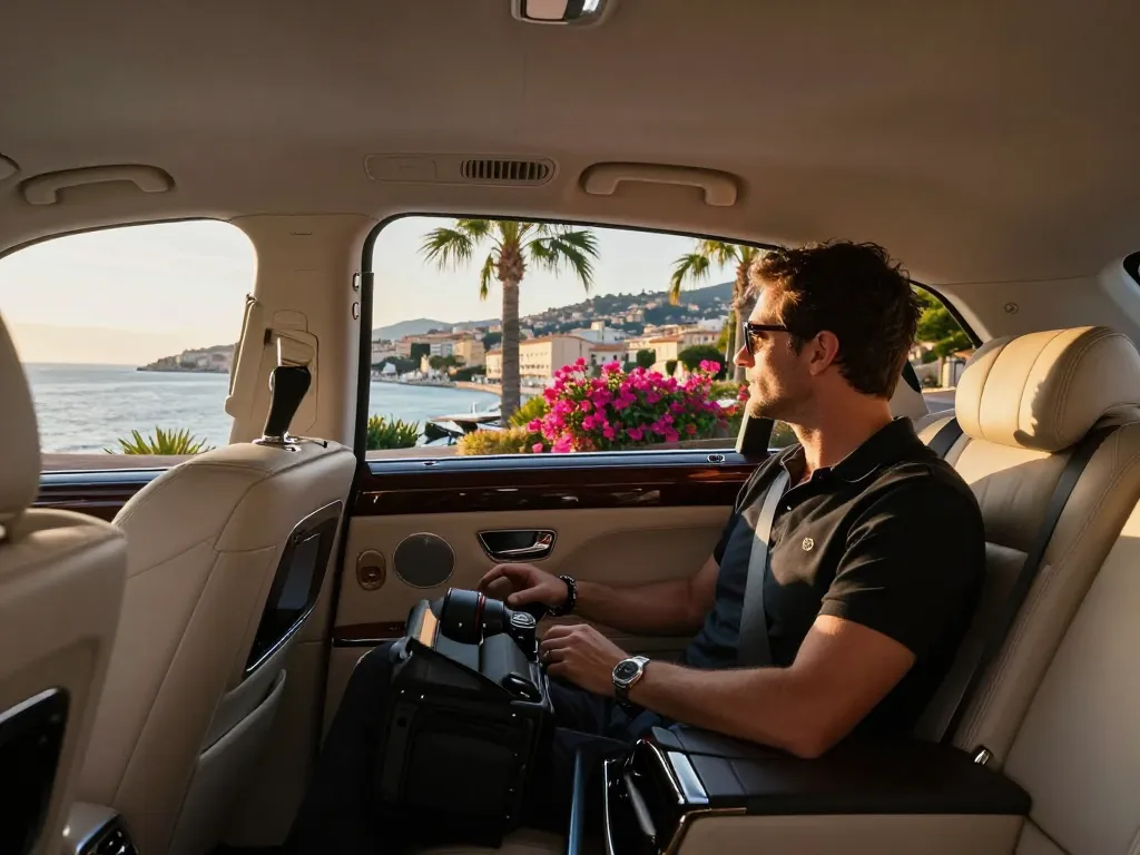 Trajet en taxi luxueux à St Tropez mettant en valeur le confort et l'élégance dans un cadre pittoresque.