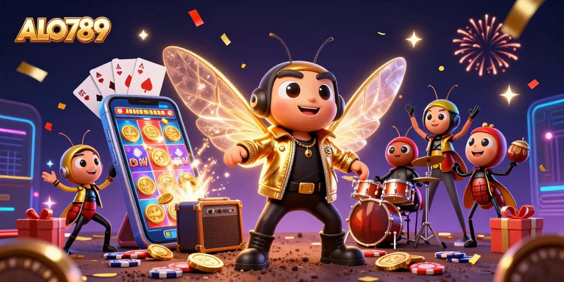 Experience exhilarating gameplay with ALO789's vibrant, action-packed casino scene featuring a cartoon rock star.