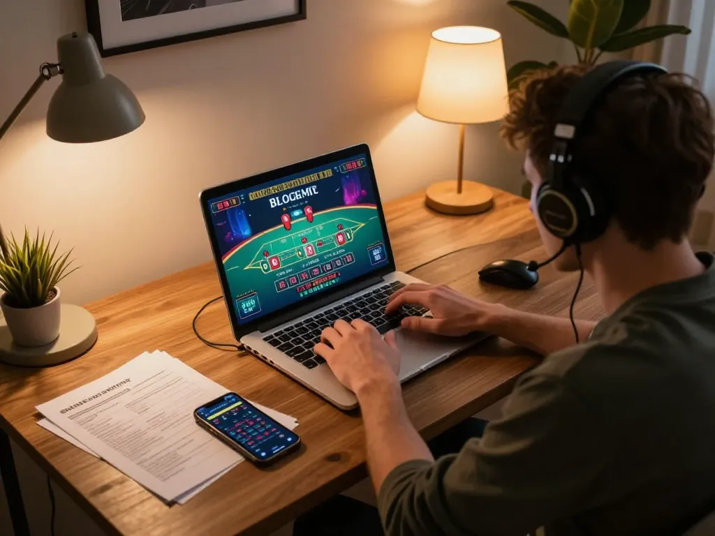 Player engaging in the b52 club online baccarat game with focused determination in a cozy setup