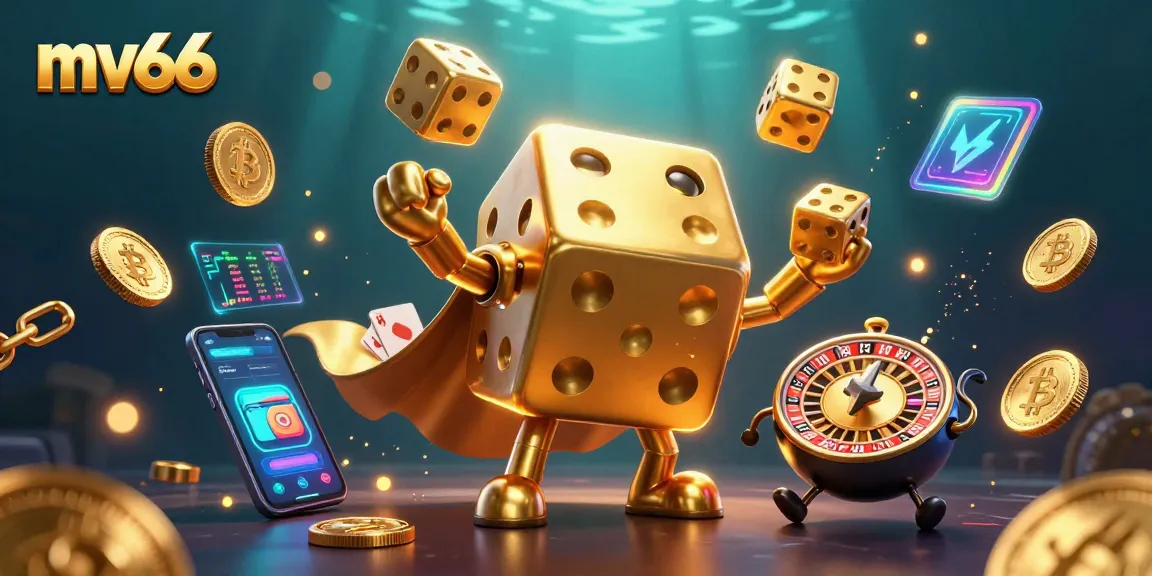 Play at mv66 for thrilling casino action with vibrant golden dice and crypto elements!
