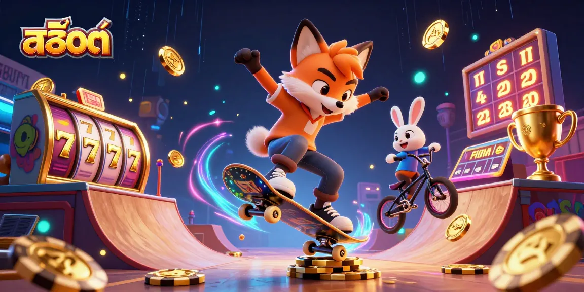 Engaging scene of a 3D cartoon skateboarder fox and BMX rabbit showcasing exciting สล็อต action with dynamic elements.