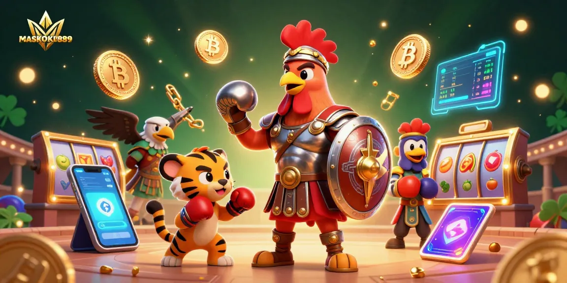 Experience the excitement of MASKOKI889's slot games with a dynamic 3D illustration featuring vibrant characters and gaming elements.