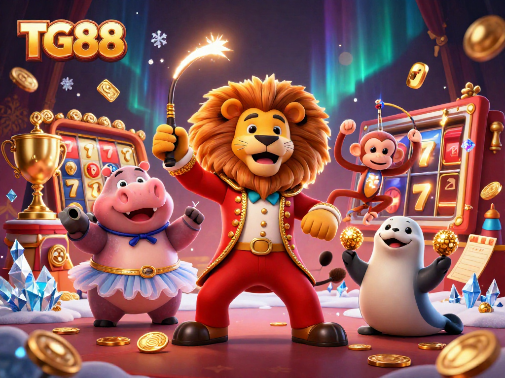 Experience exciting wins at TG88 amid dynamic visuals of slots and golden trophies.