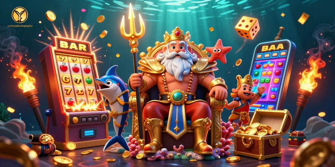 Experience dynamic gaming with umoyaphotography's vibrant casino scene featuring sea king Neptune and slot machines.
