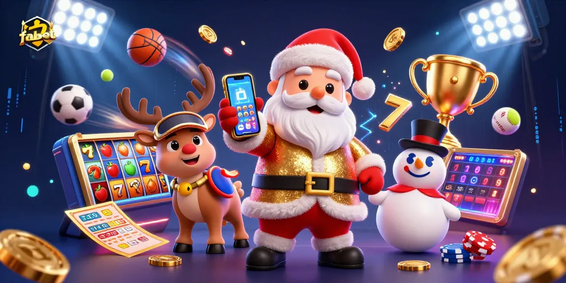Join the fun at fabet with a vibrant scene of Santa, sports balls, and jackpot slots!