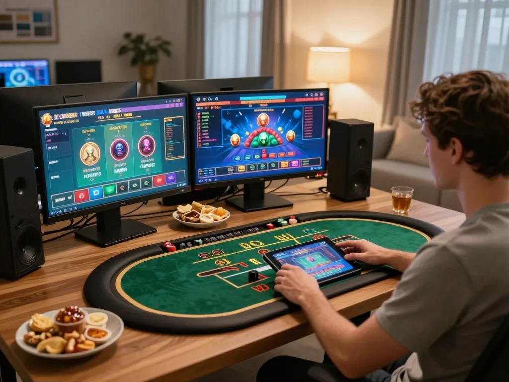 Engaging in rikvip online casino gameplay on a tablet in a cozy home setting
