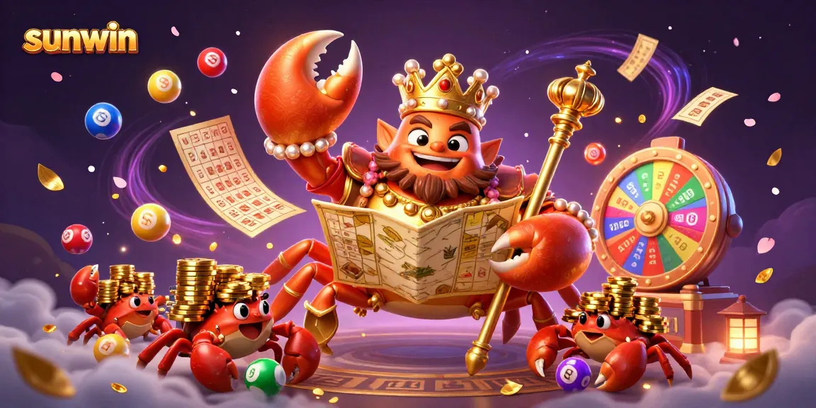 Experience the vibrant gaming scene with sunwin's golden crab emperor amidst lottery balls and colorful casino elements.
