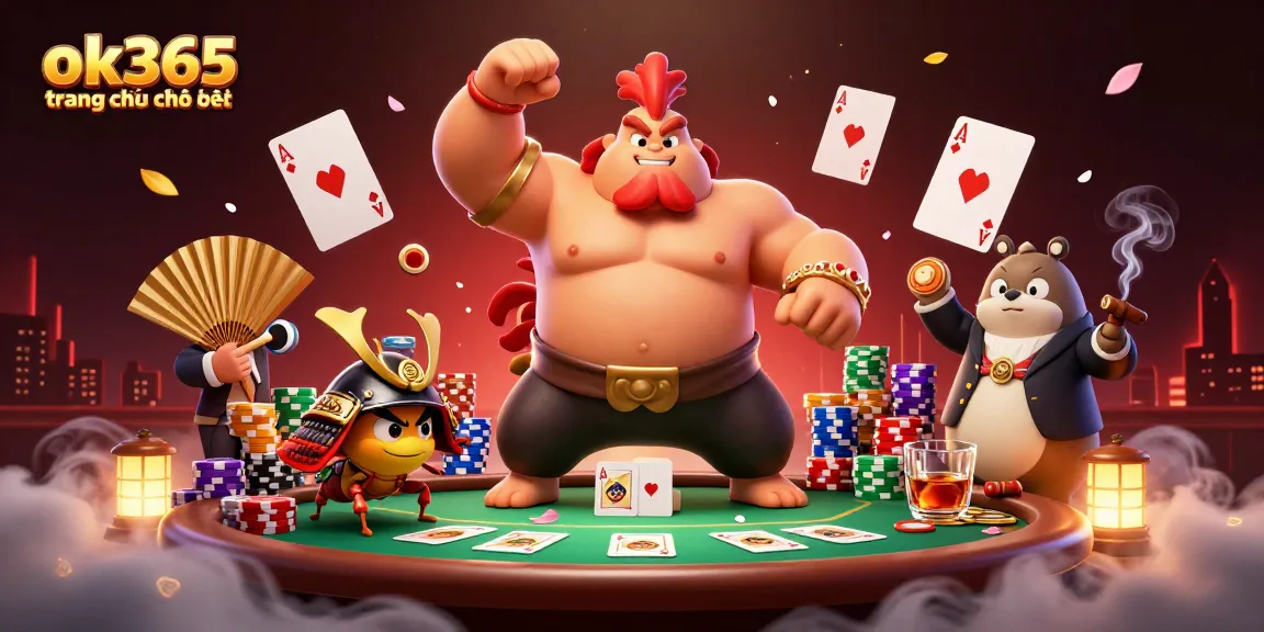 Experience the excitement of ok365 trang chủ chính thức with dynamic poker action featuring colorful chips and characters.