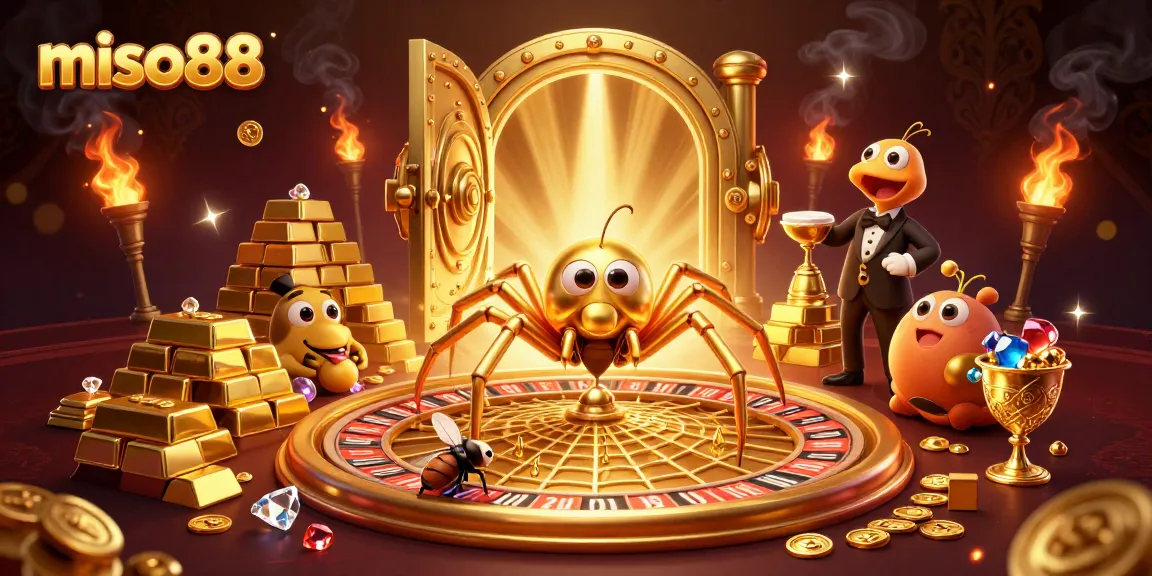 Experience thrilling bets at miso88 with a golden spider and centipede in an extravagant casino scene.