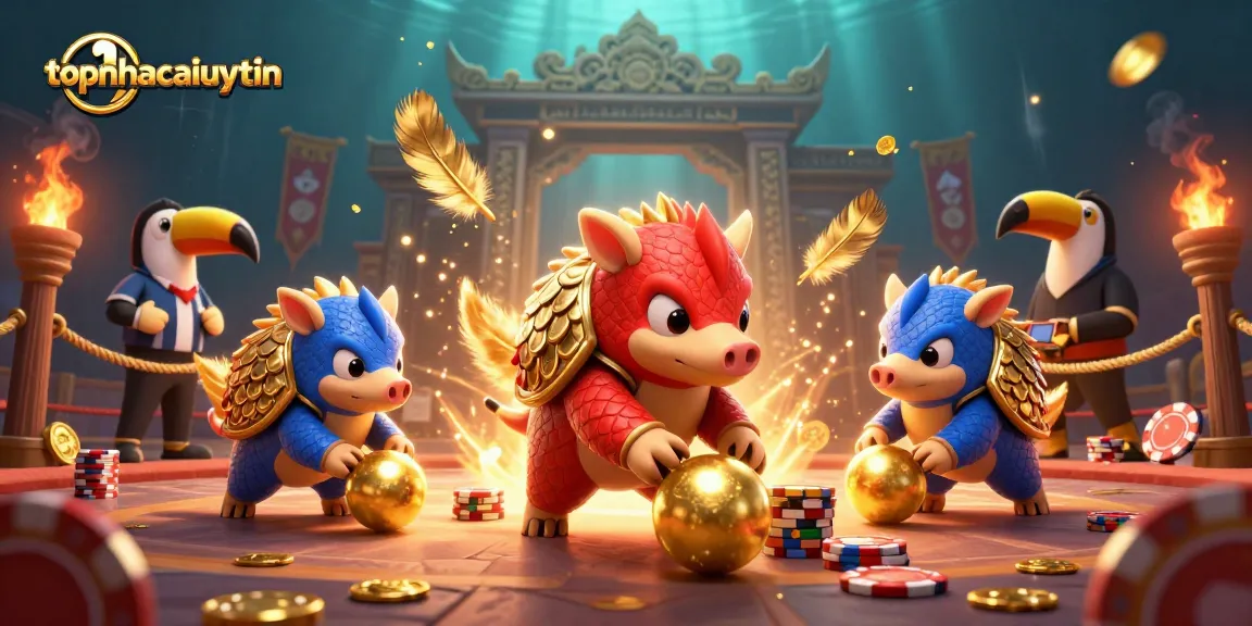 topnhacaiuytin showcases a vibrant scene with pangolins rolling poker chips in an energetic casino competition.