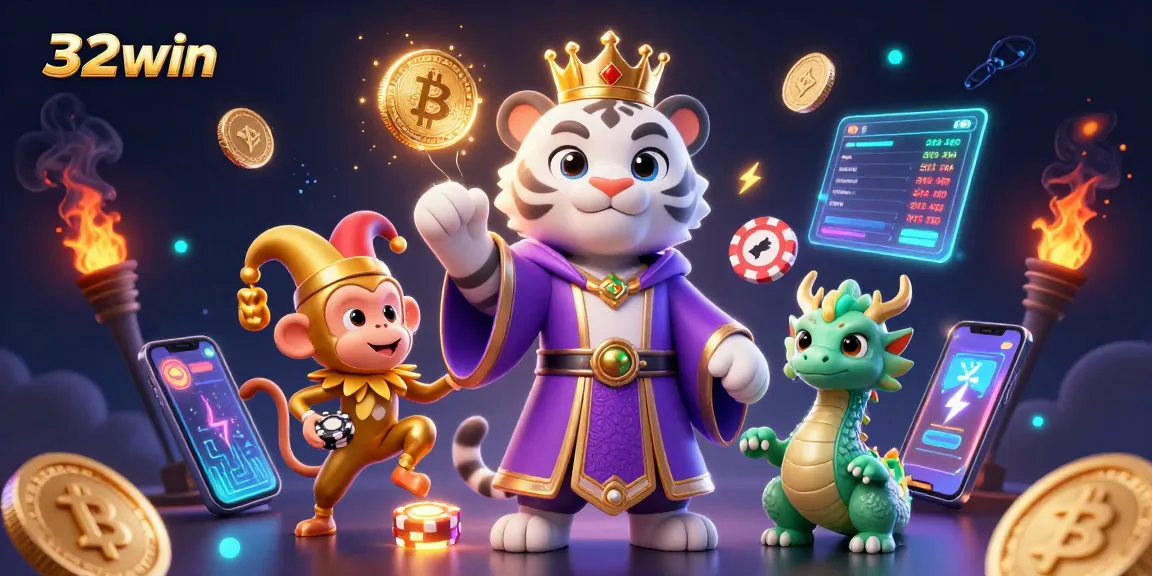 Win big with 32win in an exciting digital casino world filled with vibrant characters and glowing elements.
