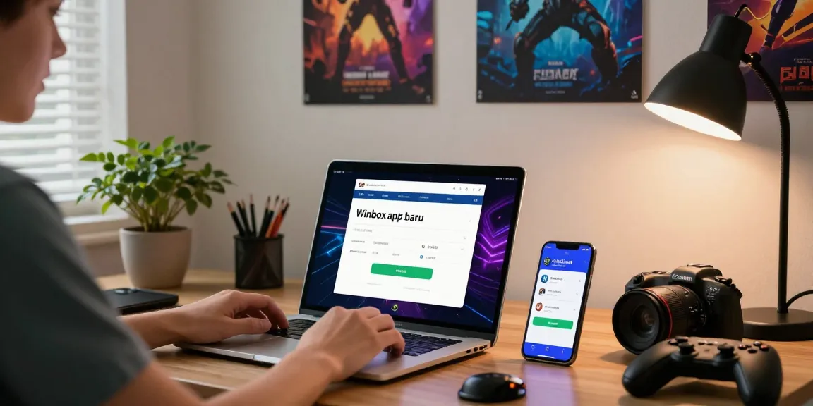 Engaged user downloading Winbox apk baru on a laptop and smartphone in a home office setting