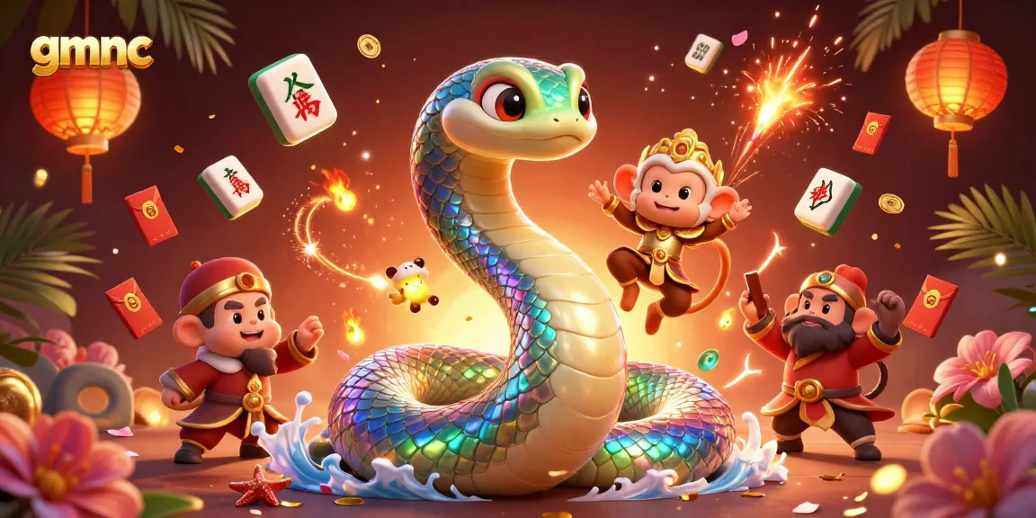 Engage in thrilling gameplay with gmnc's vibrant 3D illustration of a playful monkey king and enchanted snake.