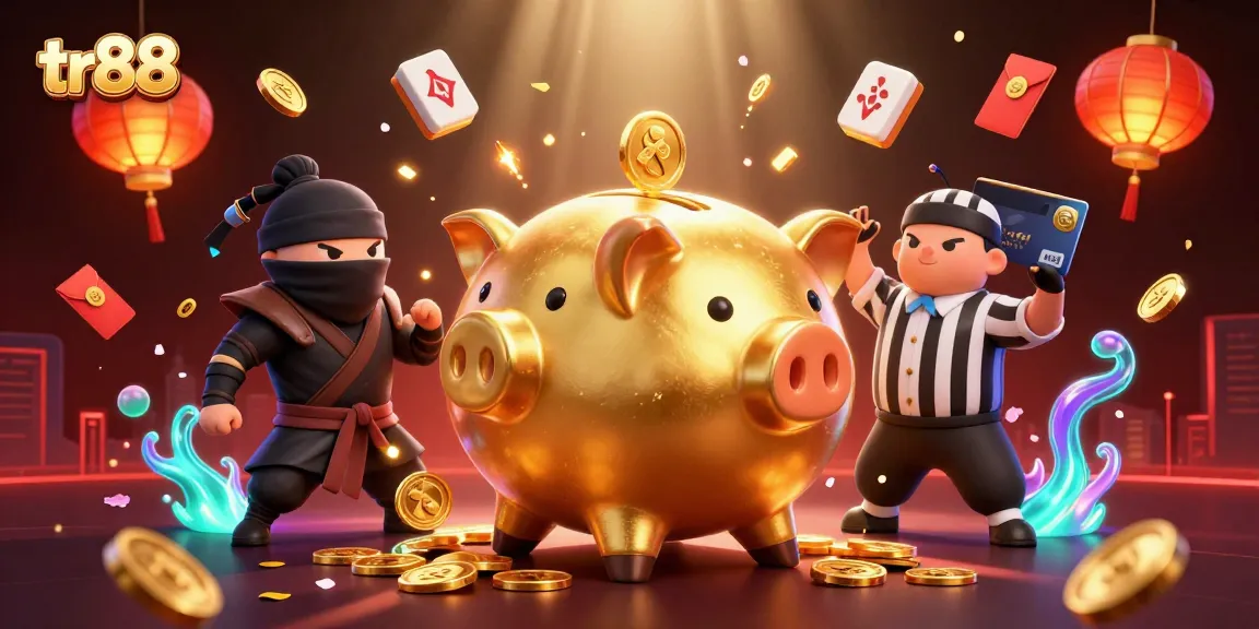 Experience tr88's dynamic casino action with a golden piggy bank wrestler in a vibrant 3D scene!