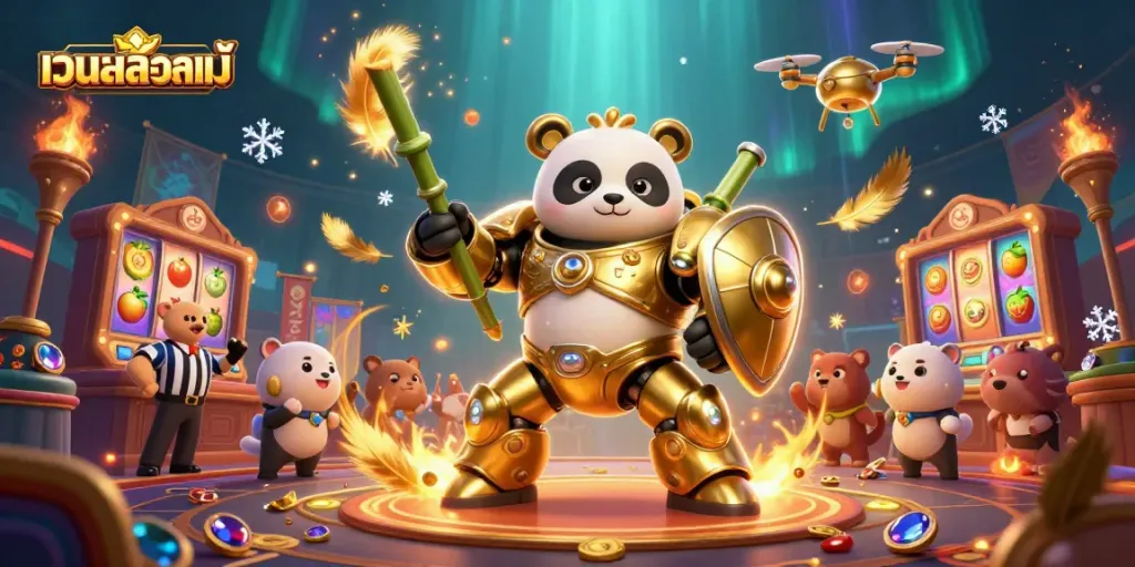 Experience the thrill of เว็บสล็อตแท้ with a mech-suit panda battling in an exciting casino scene.