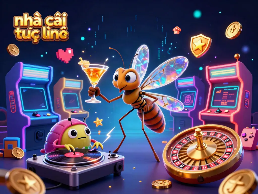 Experience the excitement of nhà cái trực tuyến with a dynamic 3D casino scene featuring unique characters and gaming elements.